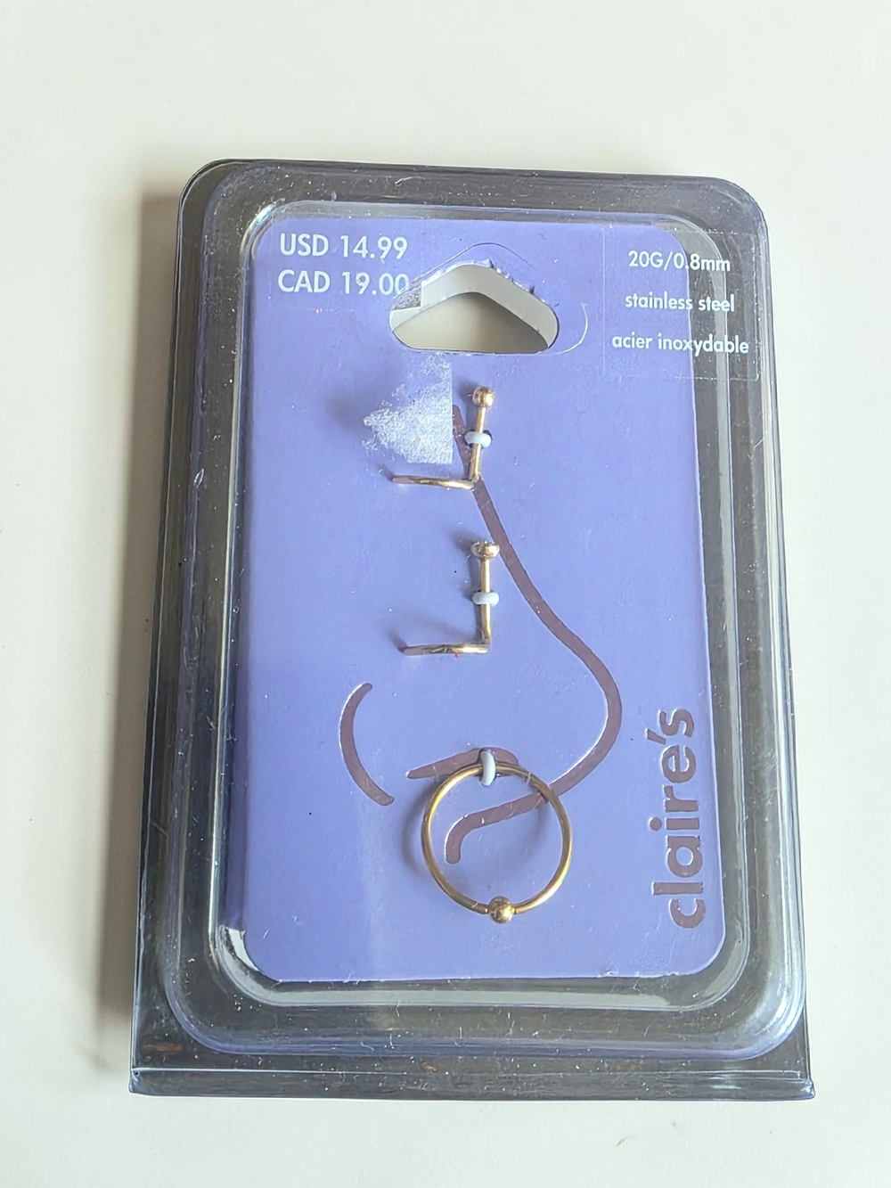 Claire’s Gold Stainless Steel Nose Ring Studs Hoop Set 20G NWT
